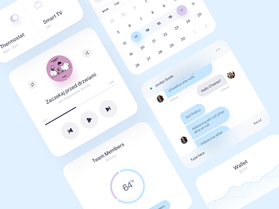 App widgets / UI Elements app application blue calendar chart clean colors design minimal mobile music player round shadow smart smarthome ui ux white widgets