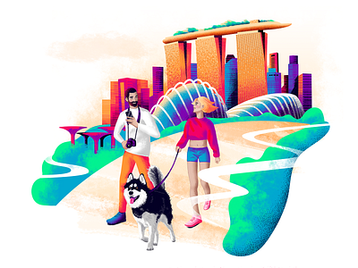 Nomad hero illustration buildings city colors dog illustration man people road textures travel turist way woman