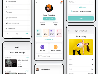 Fittel App Part 02 add app calender fitness history icon list meal mobile muscle payment programs sport stretching ui ux video weight workout yoga