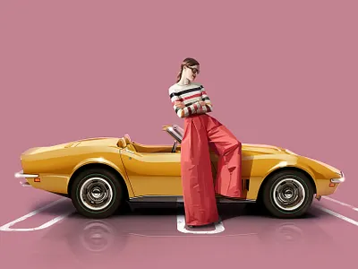 Joni The Fish with 1968 Chevrolet Corvette 2d 70s chevrolet corvette digital painting fashion design fashion illustration gas station illustration modelling ny old school road style