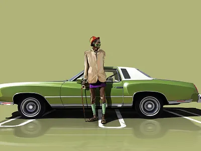 Lael Laquan with 1975 Chevrolet Monte Carlo 2d 70s american car chevrolet design digital painting fashion advertising fashion illustration gas station illustration monte carlo old school road