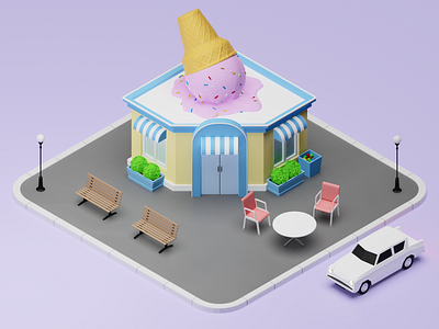 Isometric Ice Cream Shop 3d architecture blender building design dessert ice cream illustration isometric lighting lights low poly lowpoly lowpolyart render restaurant shop street ui vector