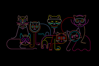 Cats animal artwork band black background cat cat face different feline gang group illustration isolated line art lines neon neon colors pet silhouette tomcat various