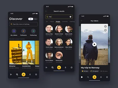 Social Media Platform - Mobile App black theme dark mode dark theme design discover interface ios mobile search results tab bar ui ux