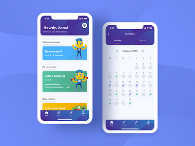 FitKiddo Mobile App - Home & Stats android animation app boy clean design exercise fitness flutter girl home ios kids parents product statistics training ui ux workout