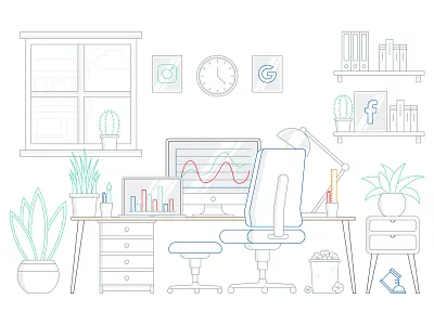 Blueshoe Header adobe illustrator blueshoe dekstop flat graphic design header home office illustration imac laptop monday office office design office space plants social media statistics vector vector artwork website