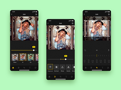 Photo editing application application brightness contrast crop dark ui design filters flat design green mobile photo settings ui ux