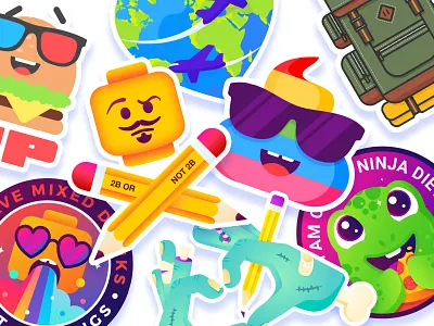 Stickers Collection burger design flat food gradients illustration lego love minimal pizza poo poop rainbow sticker stickermule travel turtle