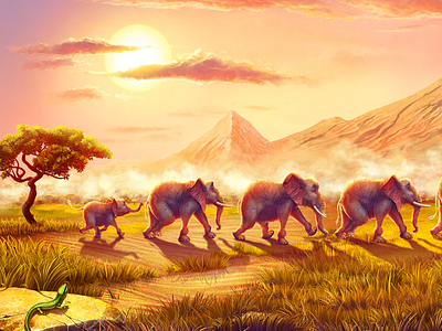 The Elephants africa animals background caravan clouds digital drought elephant grass illustration lizard mountains savannah slot machine slotopaint.com smoke sun sunrise track vanilla