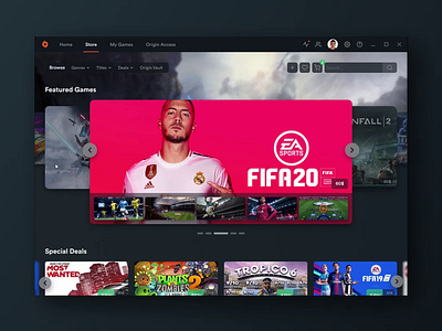 Origin Gaming Platform Redesign Concept animated animation app application black design desktop figma gamer gaming navigation orange platform product design prototype system video web design