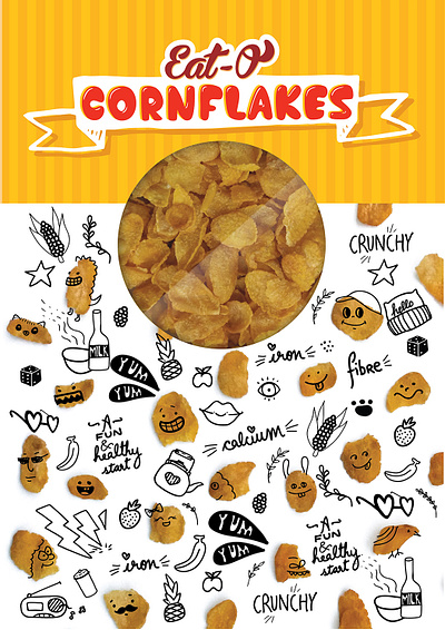 Eat-O cornflakes packaging characters concept corny characters illustration packaging