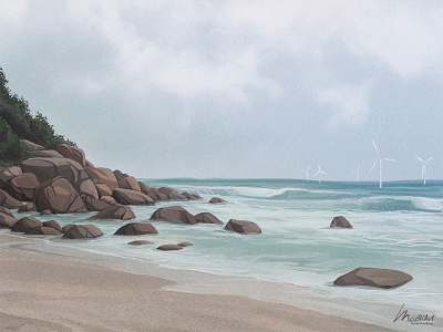 Grey Day advertisement beach cloudy cover art digital art editorial illustration illustrator landscape magazine painting photoshop wind turbine