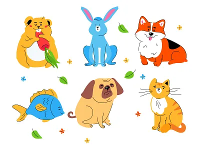 Cute pets collection animal breed cat character cute design dog fish hamster illustration pet rabbit style vector
