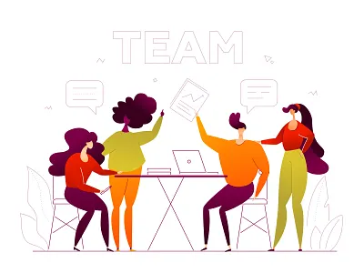 Teamwork flat illustration brainstorm business character composition design finance flat design illustration meeting office style vector