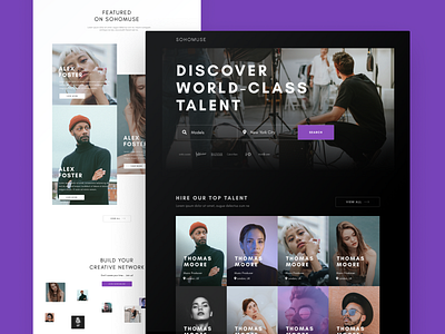 SohoMuse - Talent Landing Page black black and white card clean dark design geometric hire lander landing page minimal platform search talent typography ui ux visual web website