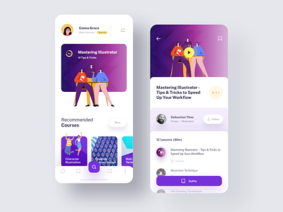 Online Courses App app clean colors courses creative design experience illustration online onlinecourse purple recommended suggestions teaching ui uidesign uiux uiuxdesign ux white