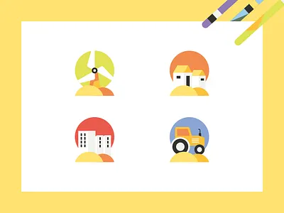 Icon set building design flat guyane house icon tractor vector wind turbine