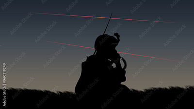 A soldier on the battlefield transmits coordinates via radio