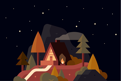 Mountain Cabin autumn cabin canopy design fire illustration mountain nature night outdoors stars tree trees