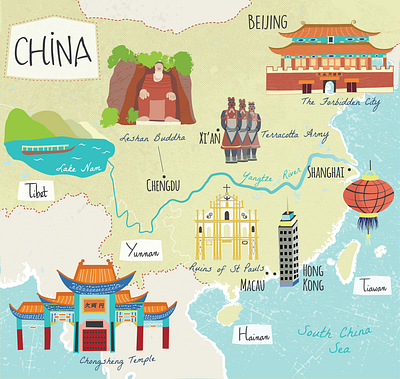 Tourist Map of China architecture cartography chinaart hand drawn illustrated map illustration design map mapping tourist map vector