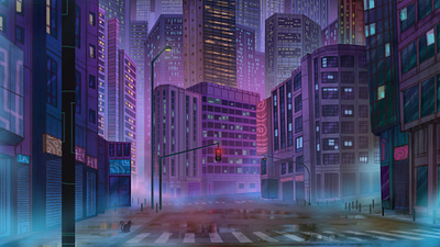 Night city (commission work) animation background art background design design digital painting illustration painting