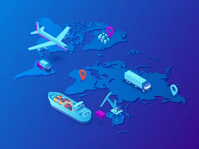Dark isometric global delivery 3d blue dark delivery illustration isometric map vector