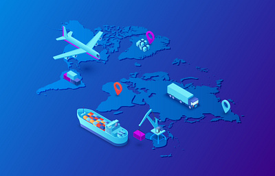 Dark isometric global delivery 3d blue dark delivery illustration isometric map vector