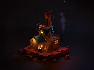 Clock Tower Cabin at Night b3d blender clock cycles illustration isometric low poly lowpolyart night rocks shack