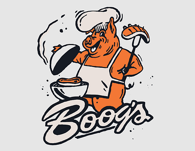 BOOGS BBQ Mascot barbecue bbq character chief cook out food illustration logo mascot orange pig pork restaurant restaurant branding retro screenprint southern vintage