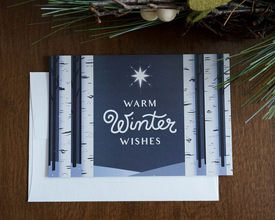 Winter Solstice Card birch trees christmas christmas card christmas cards december greeting cards handlettering happy holidays holiday card holiday cards lettering mountains snow stars vector illustration vintage winter winter solstice