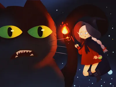 Trick or treat art cat cute art girl helloween illustration illustration art illustrations lights original art