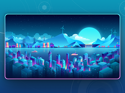 City night blue building city cloud electric power illustration moon mountain night web wind