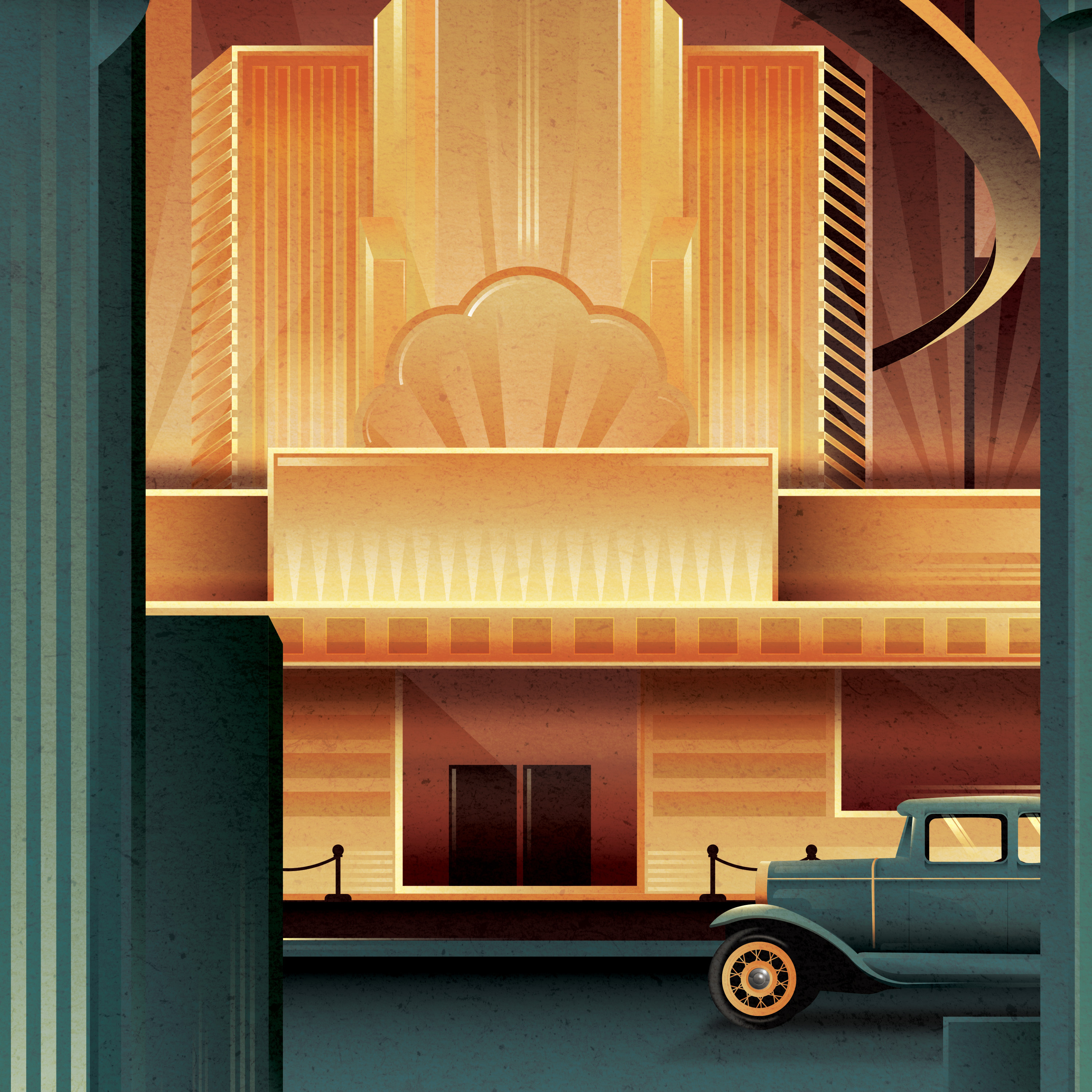 Art Deco Theater 1930s art deco art deco theater blue case study classic car deco deco broadway deco futurism gradients illustration poster art poster design posters retro futuristic textures theater vector vintage car yellow