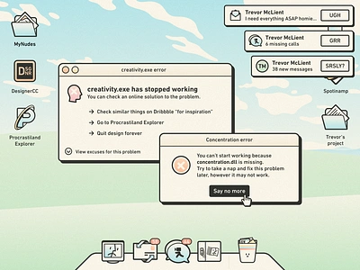 creativity.exe has stopped working, literally. concentration creativity design error focus funny icons illustration macindows macintosh notifications retro ui ux vintage windows workflow