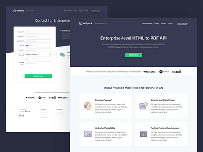 Restpack.io - Enterprise Page clean contact page design enterprise enterprise ux html to pdf landing page pdf generation pricing screenshots ui ui design user experience ux web whitespaces