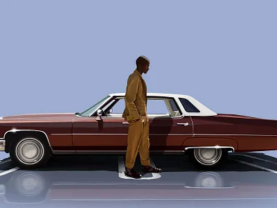 Maverick the liar with 1975 Cadillac Deville 2d 70s animation design digital painting fashion illustration gas station illustration old school road