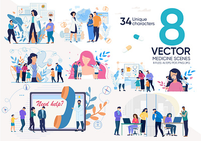 Medicine Vector Scenes baby character collection consultation couple flat health care hospital illustration man medical medical service mom online people pregnancy set treatment vector woman