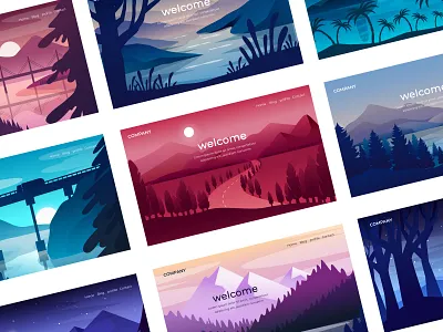 Landscape illustrations for welcome page bridge illustration lake landscape mountain nature night palms road sea sunrise sunset travel tree trip welcome page wild