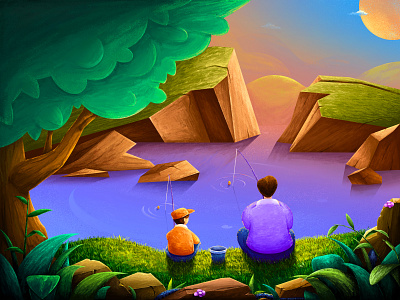 lake afternoon go fishing illustrations summer