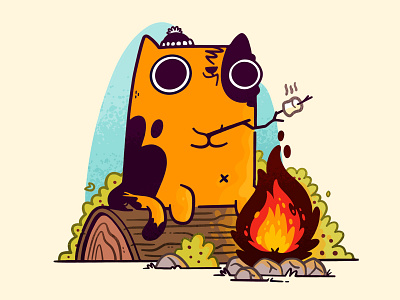 Camp Fire Cat adorable blake stevenson bush camping cartoon cat catalog character design cute fire hipster illustration jetpacks and rollerskates mashmallow retro rock toque wood
