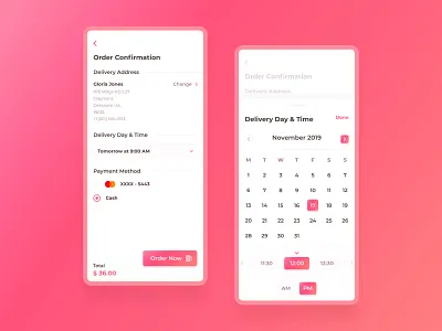 Delivery App l 7 · 365 calendar clean date picker delivery delivery address delivery time design fresh gradient mobile app mobile ui order pink schedule scheduler time picker typogaphy ui ui trends vector