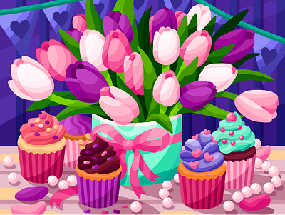 Cute Tulips and cupcakes birthday bouquet cupcake cupcakes flowers gift holiday illustration pearls petal stilllife tulips valentine day vector womans day