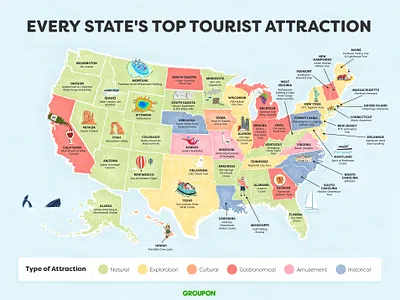 Every State's Top Tourist attraction cartography design drawing illustration illustrations illustrator map design map illustration maps tourist attractions touristic tourists us map