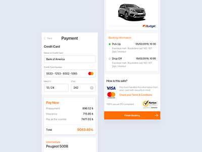 Car Rental Payment System - Web & Mobile bank bank card car car rental card cards checkout concept credit card design pay payment payments rent a car rental rental app rentals responsive ui ux