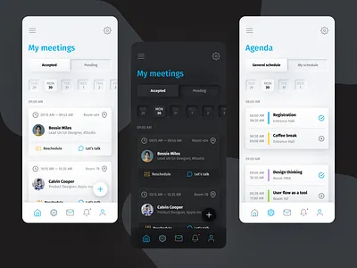 Event schedule planner agenda app calendar concept dark mode event invitation ios meeting mobile schedule shadow ui ux