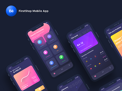 FirstStep mobile app Case study account app category category app darkmode design gradient icon illustration ios light logo neel night prakhar sharma transaction transports trend ui