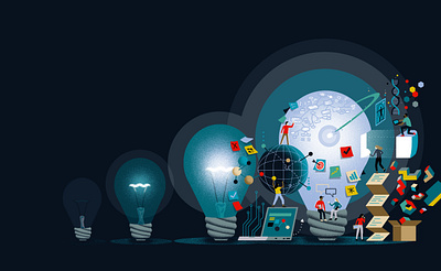 Sharing Ideas colorful connect connection cover design editorial editorial illustration figures glow idea ideas illustration light science sharing tech technology ui