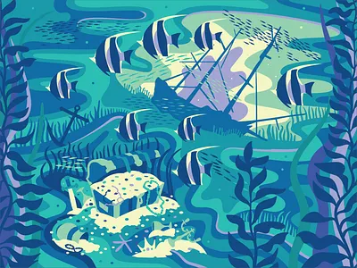 Booty art booty design digital art digital illustration digital illustrator dreamy fish flat illustration illustrator pirate ship shipwreck treasure underwater vector water