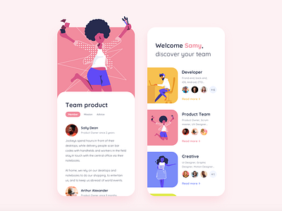 Discover your team app color creative design developer graphic design illustration illustrator ios job member mobile motion designer owner product scrum team ui ux designer vector