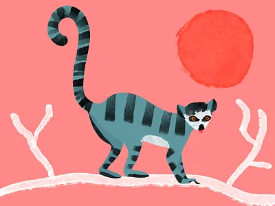 Blue lemur illustration animal art animals hand drawn illustration lemur monkey nature pink storybook stripes trees